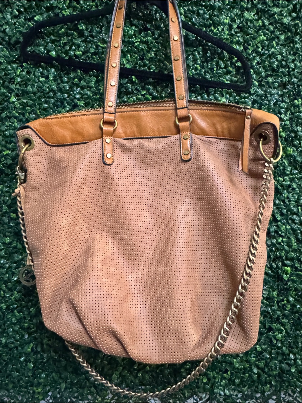 Women's Perforated Tan Tote Bag with Chain Strap